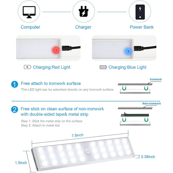 LED-garderobslampa, 20-LED-dimmer USB-laddningsbar rörelsesensor C