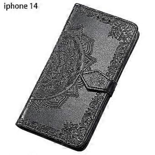 Wallet Case, Flip Case PU Læder Præget Folio Magnetisk Støttefod Cover Kortlommer til iPhone 14