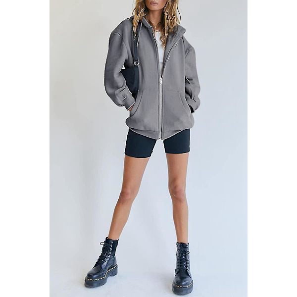 Kvinnors dragkedja upp huvtröjor sweatshirts kläder tonåring flicka höst casual jackor med.XXL.grå
