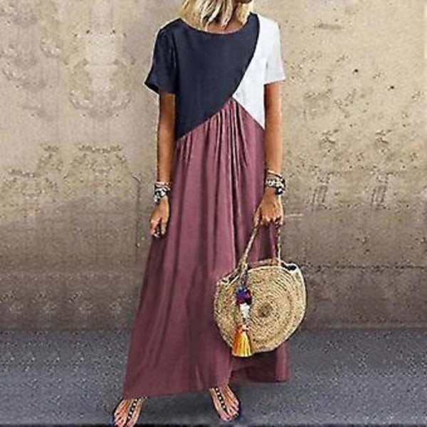 Dame Farveblok T-shirt Kjole Kortærmet Maxikjole Afslappet Løs Lang Maxikjole Strand Lang Kjole Swing Kjole Fuchsia XXXXL Fuchsia XXXXL