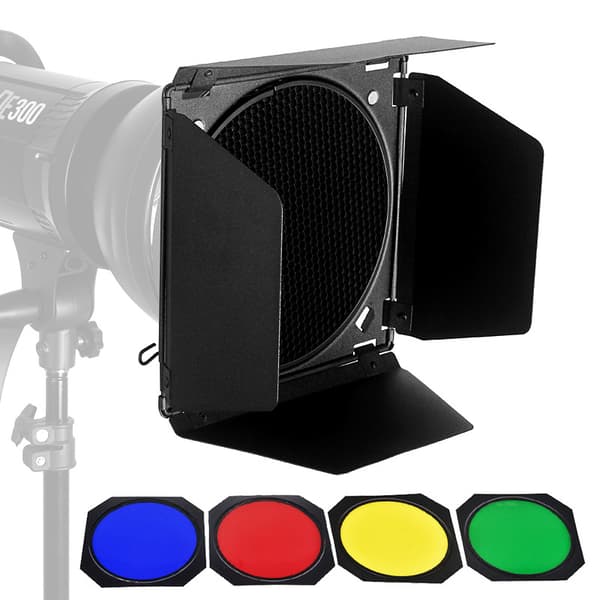 BD-04 Barn Door Kit Honningkakeskive, Fire-Ving Reflektor og 4 Fargefilter