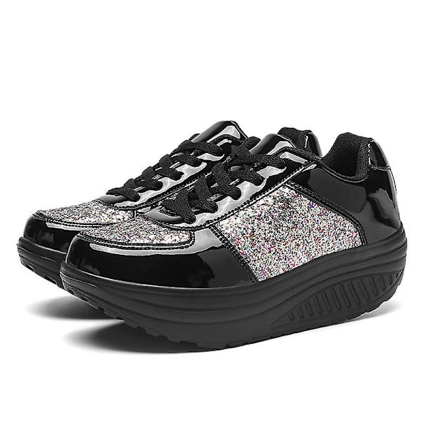 Kile Sneakers til kvinder, Blanke snørebånd Wedge sko, Åndbare højdeforøgende sko Træsko.41.Sort