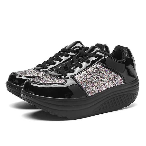 Wedge-sneakers för kvinnor, glänsande kilskor med snörning, skor som ökar andningshöjden Träskor.40.Svarta