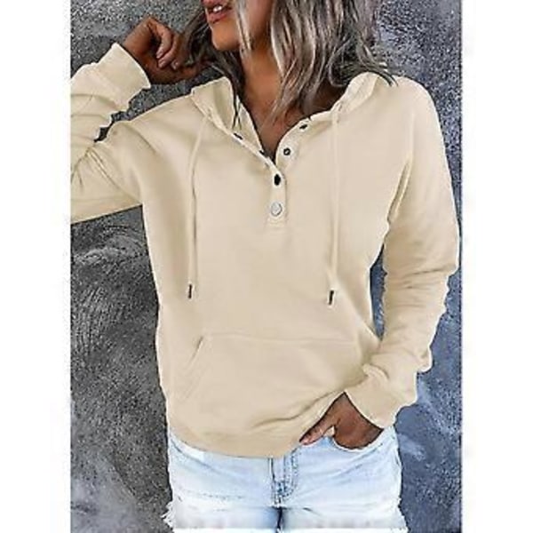 Dame Knap Front Hættetrøje Pullover Langærmet Efterår Vinter Sweatshirt Top SweaterM( style1907)