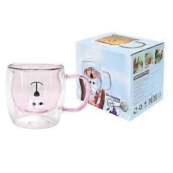 250ml Björnformad Glasmugg Dubbelväggig Vatten Te Kaffe Mjölk Mugg med Handtag för Hemmet Rosa