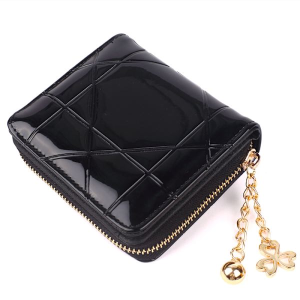 Dame kortholder med lynlås, lille kortholder i lakeret læder, ternet clutch-pung, sort