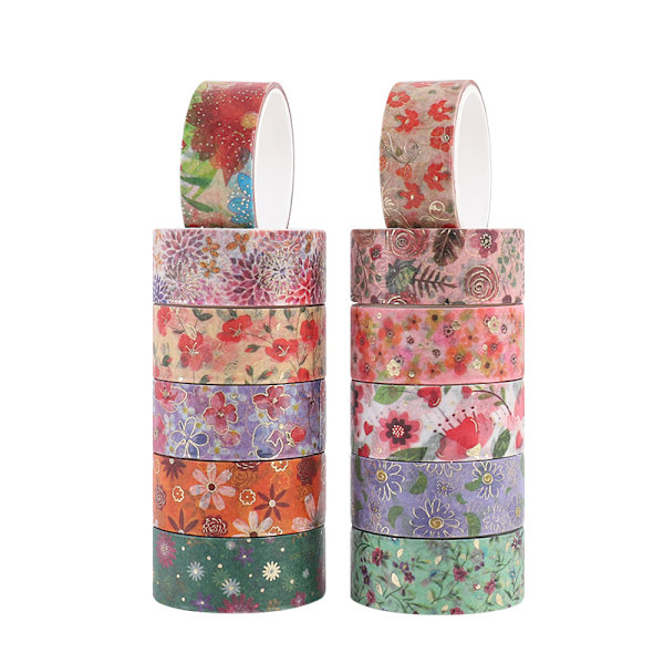 Tejpset med 12 rullar söta guldfolie blomdekorationer