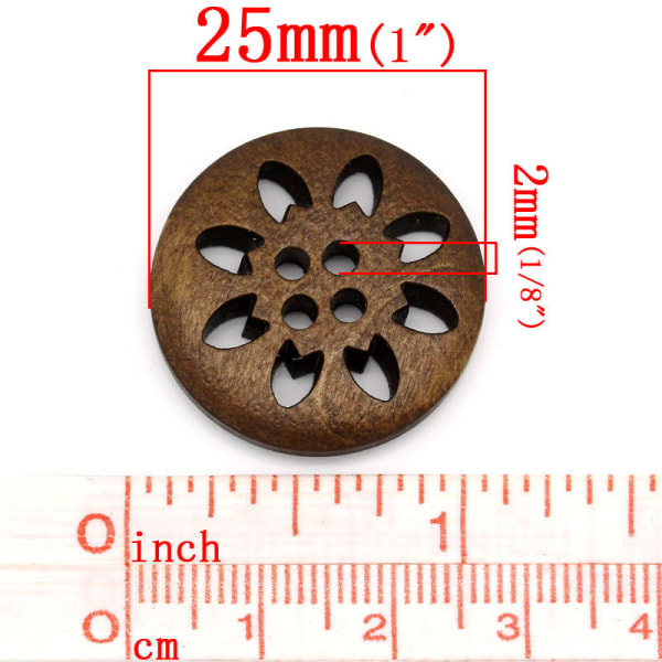 50 stk Treknapper Sy Snøflak Utskjært 4 Hull Brun 25mm Di