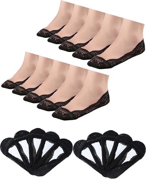 10 par No Show spetsbåtsockor (svarta) halkfria ankelsockor