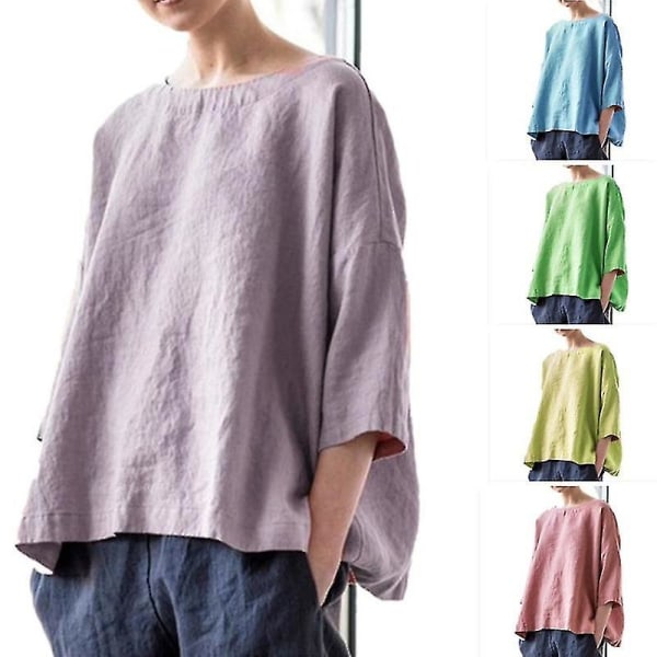 Puuvillapellavapaidat naisille Vintage Pyöreä kaula-aukko Kiinteä lyhythihainen.XXL.Violetti