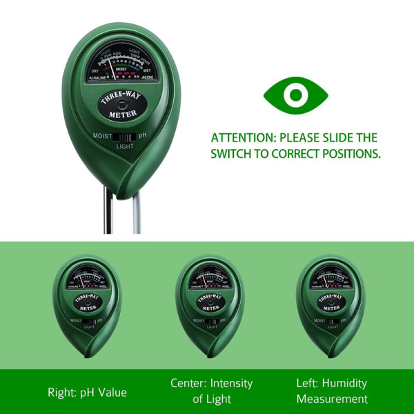 Jordtestersett, 3 i 1 jordtester fuktighetsmåler, lys og pH