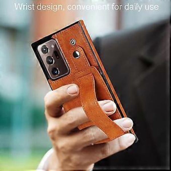 Suunniteltu Samsung Galaxy Note 20 Ultra/Note20 Plus 5G -lompakkokotelolle säädettävällä rannehihnalla, jalustalla, PU-nahalla, luottokorttipidikkeellä, iskunkestävällä Hy Brown