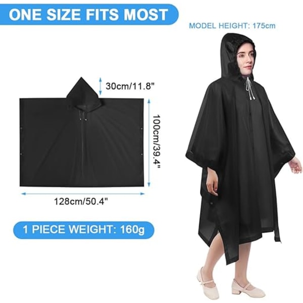 2 Vattentäta Ponchos för Vuxna, Återanvändbar Regnponcho, EVA Regnponcho, Lätt Vattentät Regnjacka med Huva, Camping, Vandring, Svart