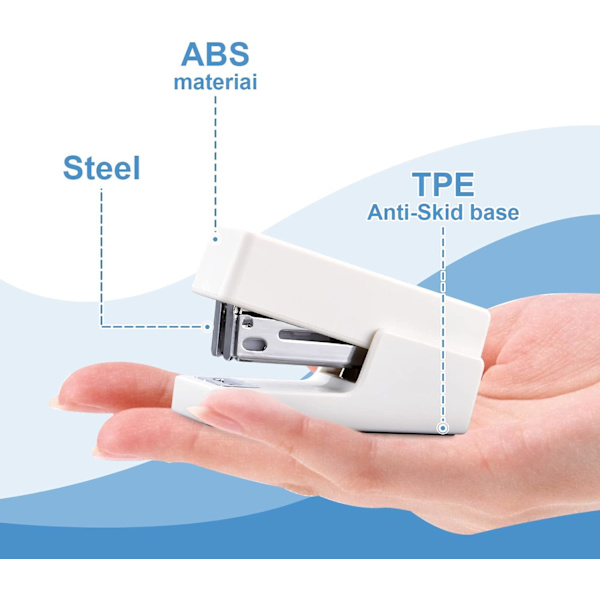 Mini stiftemaskin, 12 arks kapasitet, skrivebords stiftemaskin med 640 standard stifter og stiftfjerner (hvit)