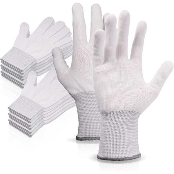 6 par hvide nylon arbejds handsker, sømløse skridsikre handsker