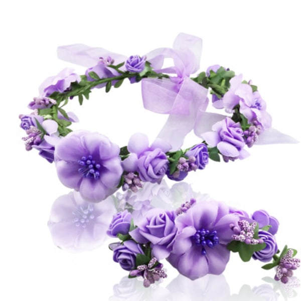 2-delt sett med blomsterkrans hodeplagg og armbånd, justerbar blomsterkrans med blomsterarmbånd, egnet for bryllupsfester (lilla)
