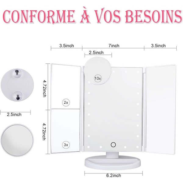 Makeup spejl, tredobbelt forstørrelse med 21 LED-lys, 10X/3X/2X Lig