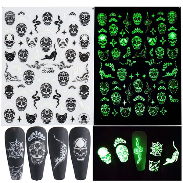 Halloween Nagelstickers 3D Lysande Halloween Naglar Självhäftande