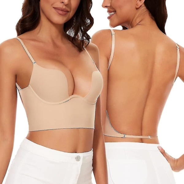 BH'er med lav ryg Kompatible Dame-sømløse Deep U Plunge BH'er uden ryg Cabriolet Multiway Low Cut Open Back BH Halter BH'er.32C.Nude