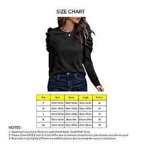 Dam Puff Långärmad Topp Rund Hals Knappdekoration Lös Passform Casual Pullover Blus Svart XXL