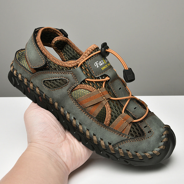 Sommarsandaler för män, Mode Lädersandaler, Handgjorda Sydda Utomhus Strand Sandaler i Nötskinn, 41, Grön Green 41