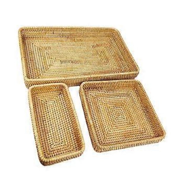 Rattanbricka Bordsskiva Organisation Handvävd Snacksförvaringskorg Multifunktionell Serveringsbricka 3 st Set
