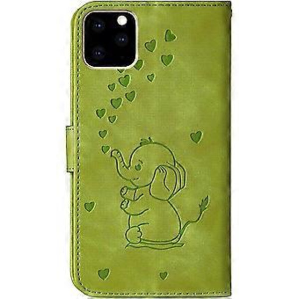 iPhone 11 Pro Mobilskal, Härligt Elefant Kärlek Hjärta Tecknat Mönster med Kortplats, Vikbart Ställ, Magnetiskt Flipfodral, Kompatibelt för iPhone 11 Pro-grön