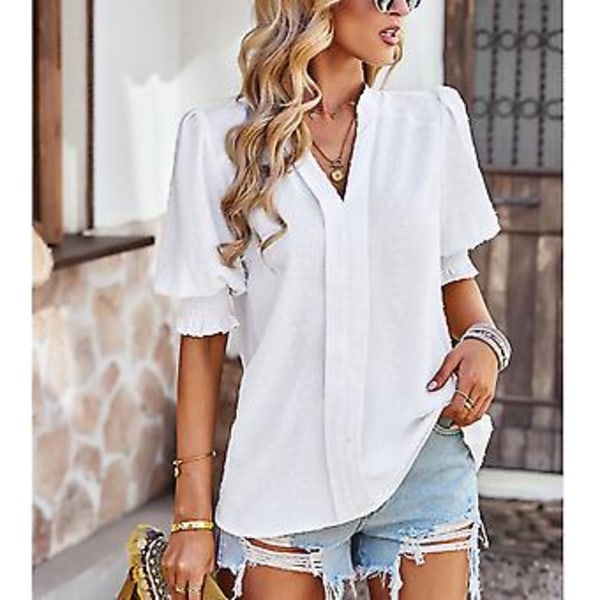 Dame Halv Erme V-hals Topp Elegant Moderne Ensfarget Puff Erme Elastisk Rynket Mansjett Skjorte Bluse (MWhite) White M