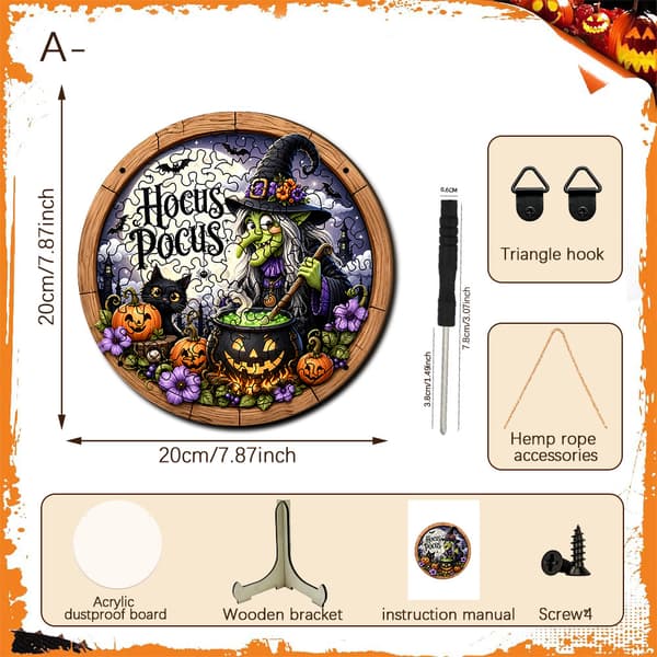 Halloween Træpuslespil Ornament, Hekse-tema Træpuslespil Hængeskilt