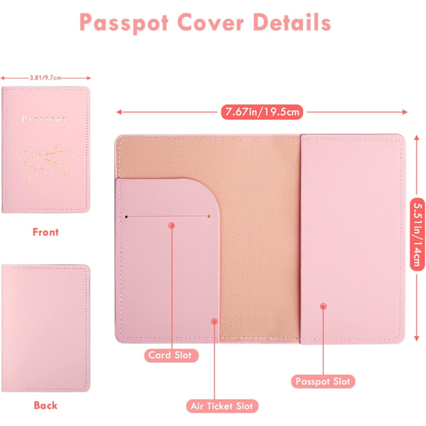 Sæt med 4 (sort+pink) bagagemærker og pasbetræk, 2xPU læder