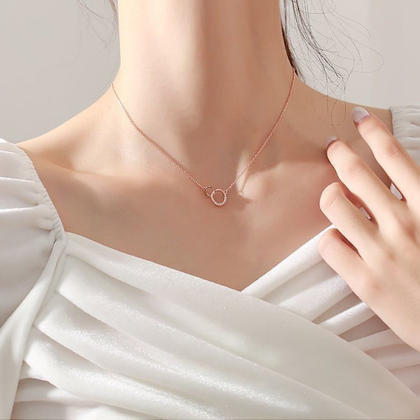 Trendy 925 sølv runde dobbel sirkel CZ zirkonia halskjeder og anheng for kvinner festgave choker gull