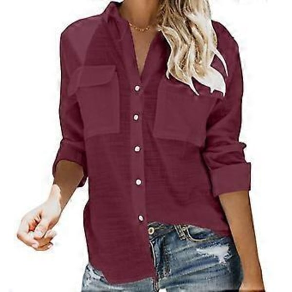 Dame Langermet Bluse Ensfarget Knappelukking Nedfelt Krage V-hals Skjorte Topper med Lommer Burgunder S