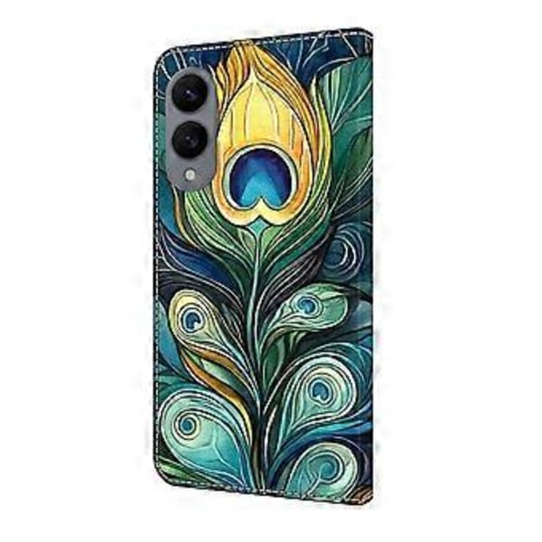 Læderetui med mønstertryk, pung, stativ og flip-cover til Samsung Galaxy S25 Edge Green Feathers