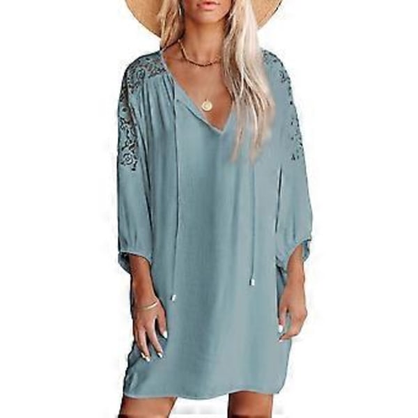 Dame V-hals Kjole Blonde Trekvartærmer Løs Talje Sommer Casual Kort Kjole