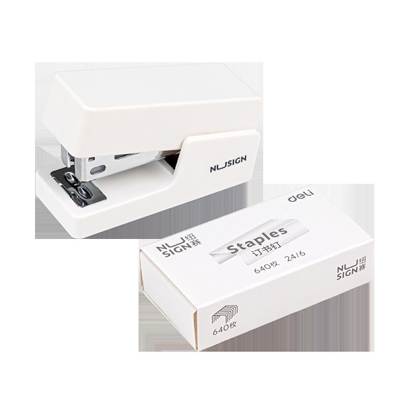 Mini stiftemaskin, 12 arks kapasitet, skrivebords stiftemaskin med 640 standard stifter og stiftfjerner (hvit)