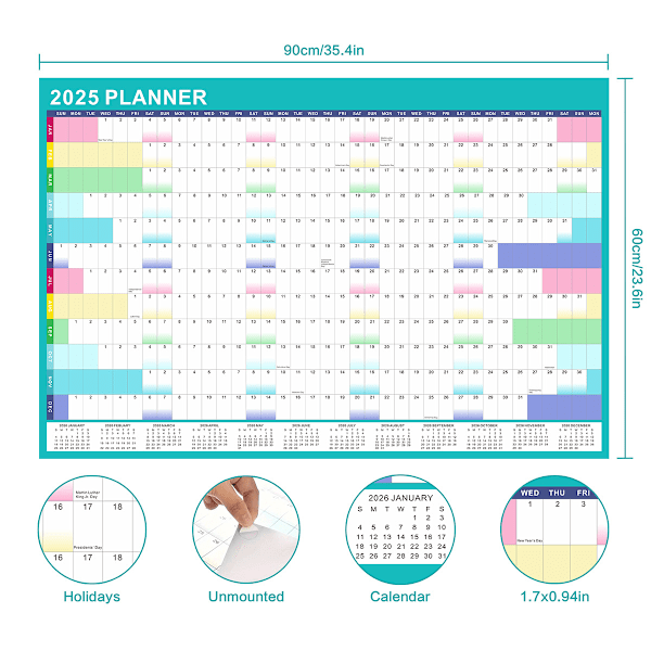 Årlig kalender for 2025, med klistremerker og tusj, stor størrelse 90 cm x 60 cm