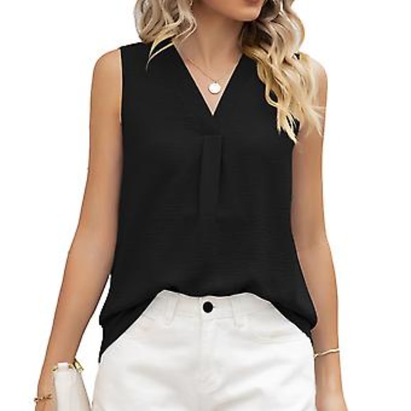 Ermeløs topp for kvinner, V-hals, ensfarget, løs stil, pustende, moteriktig sommertopp (XL-Svart) Black XL