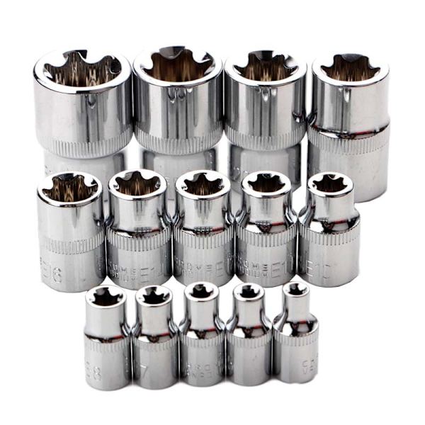 Set med 14 stjärnformade Torx-hylsor typ E I Ratschbox I Hylsa