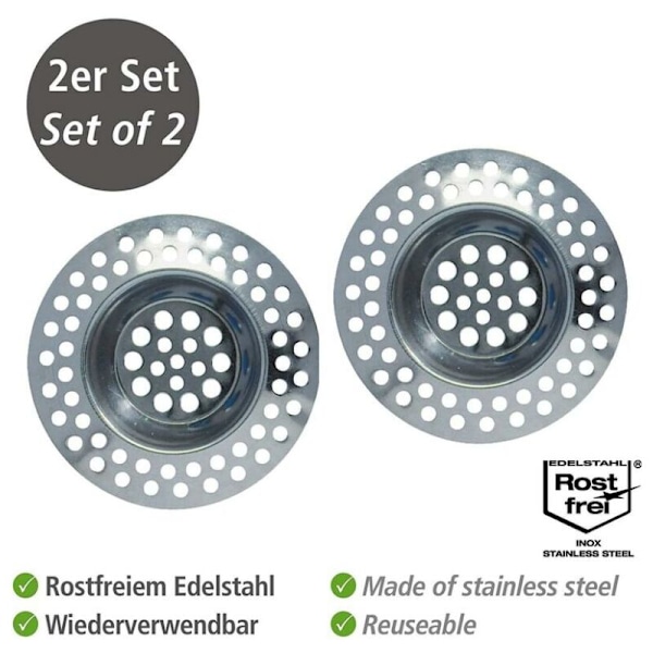 Avloppssil, 2-pack, rostfritt stål, 7 cm, blank