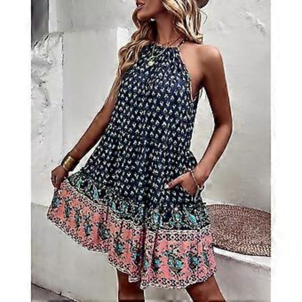 Halter-kaulamekko Hihaton Boho Kerrostettu Printti Leveä Helma Rentoutunut Kesämekko