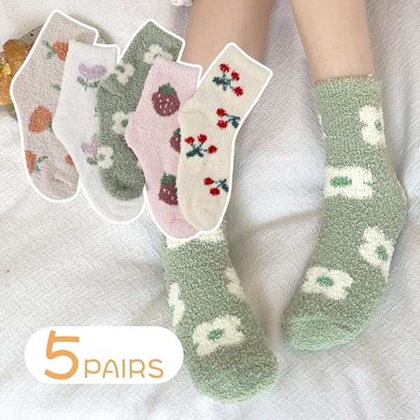 5 Pairs Soft Fluffy Socks for Women, Flowers Pattern Bed Socks La