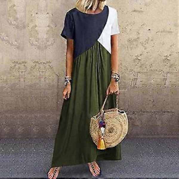 Dame Farveblok T-shirt Kjole Kortærmet Maxikjole Casual Løs Lang Maxikjole Strand Lang Kjole Swing Kjole Gul L Yellow L