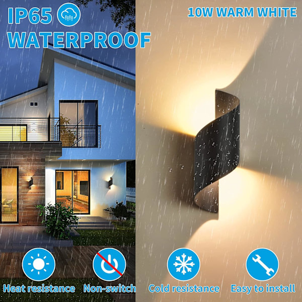 LED-vägglampa inomhus/utomhus svart, 10W 6000K varmt vitt ljus, u