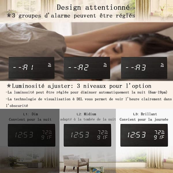 Väckarklocka i trä, (Vitt ljus) Digital LED-väckarklocka i trä