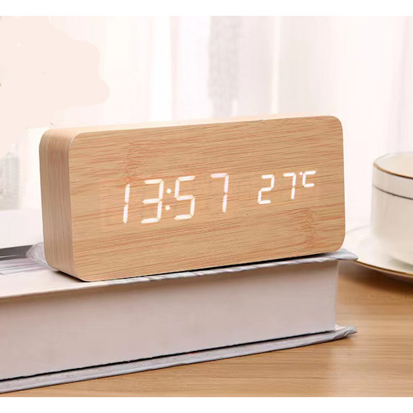 Træ Digitalt Ur - Multifunktionelt LED Alarmur med Tid/Temperatur