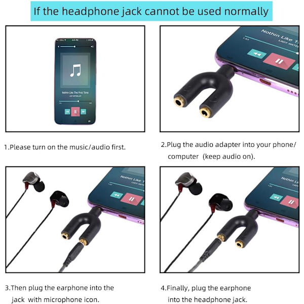 2 stk. (sort) Hovedtelefonadapter 3,5 mm Headset Mikrofonkonverter