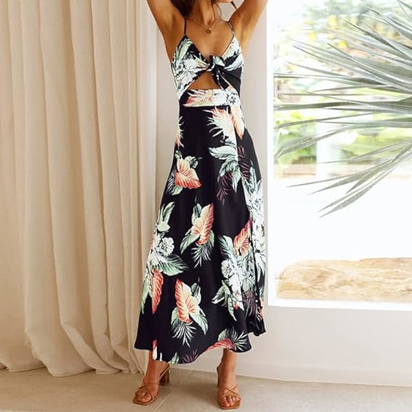 Women Floral Print Spaghetti Strap Backless Dress Long Bodycon Sp