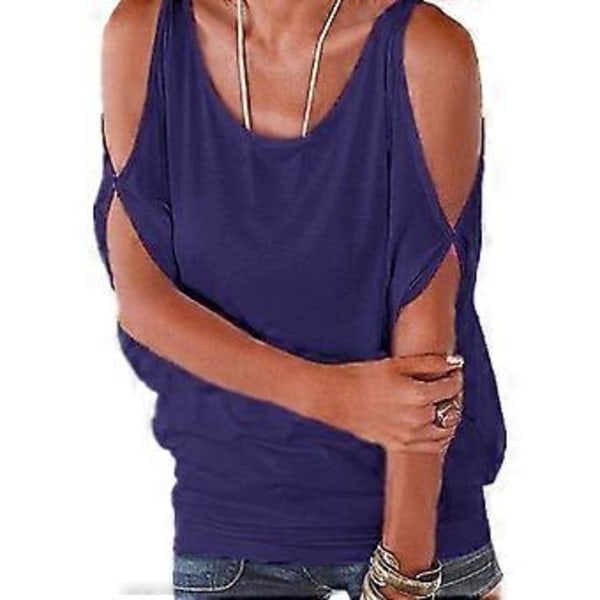 Cut Out Cold Shoulder Topper for Kvinner Sommer Løs Bluse Flaggermus Korte Ermer T-skjorter Casual Baggy Rund Hals Strand T-skjorter (style1114)