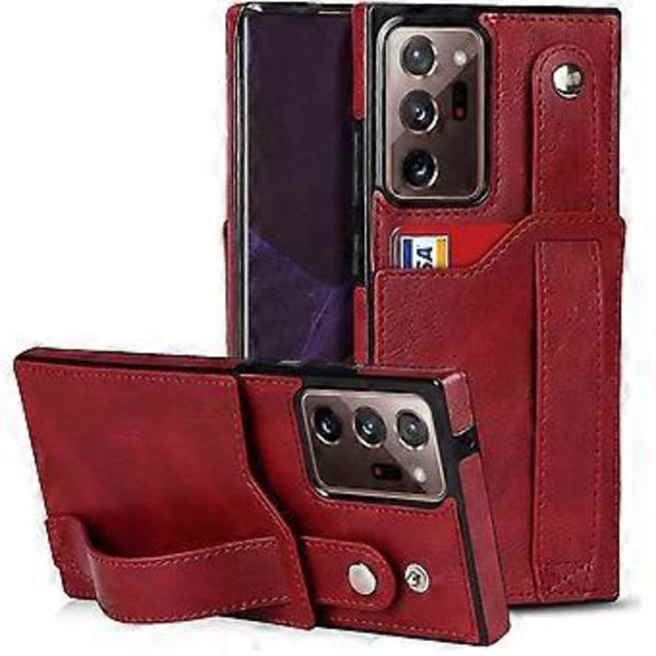 Suunniteltu Samsung Galaxy Note 20 Ultra/Note20 Plus 5G -lompakkokotelolle säädettävällä rannehihnalla, jalustalla, PU-nahalla, luottokorttipidikkeellä, iskunkestävällä Hy Red