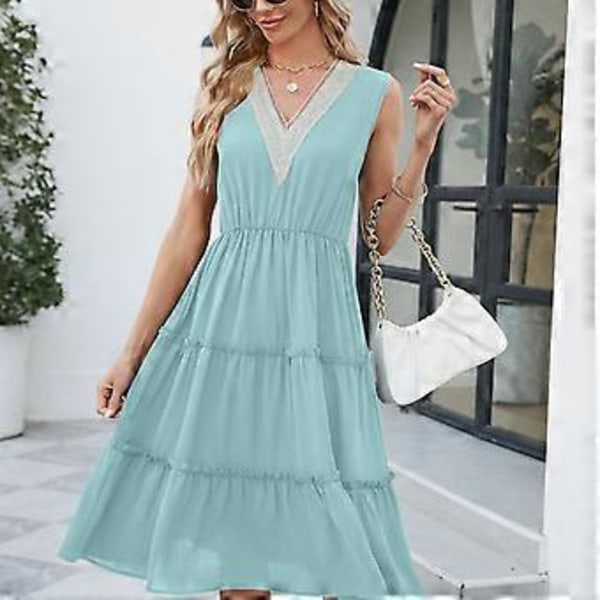Sommer Daglig Elegant Kjole Ensfarvet Midi Kjoler Flydende Kant Ærmeløs Afslappet Ferie Stil Outfits til Kvinder Afslappet Sort L Black L